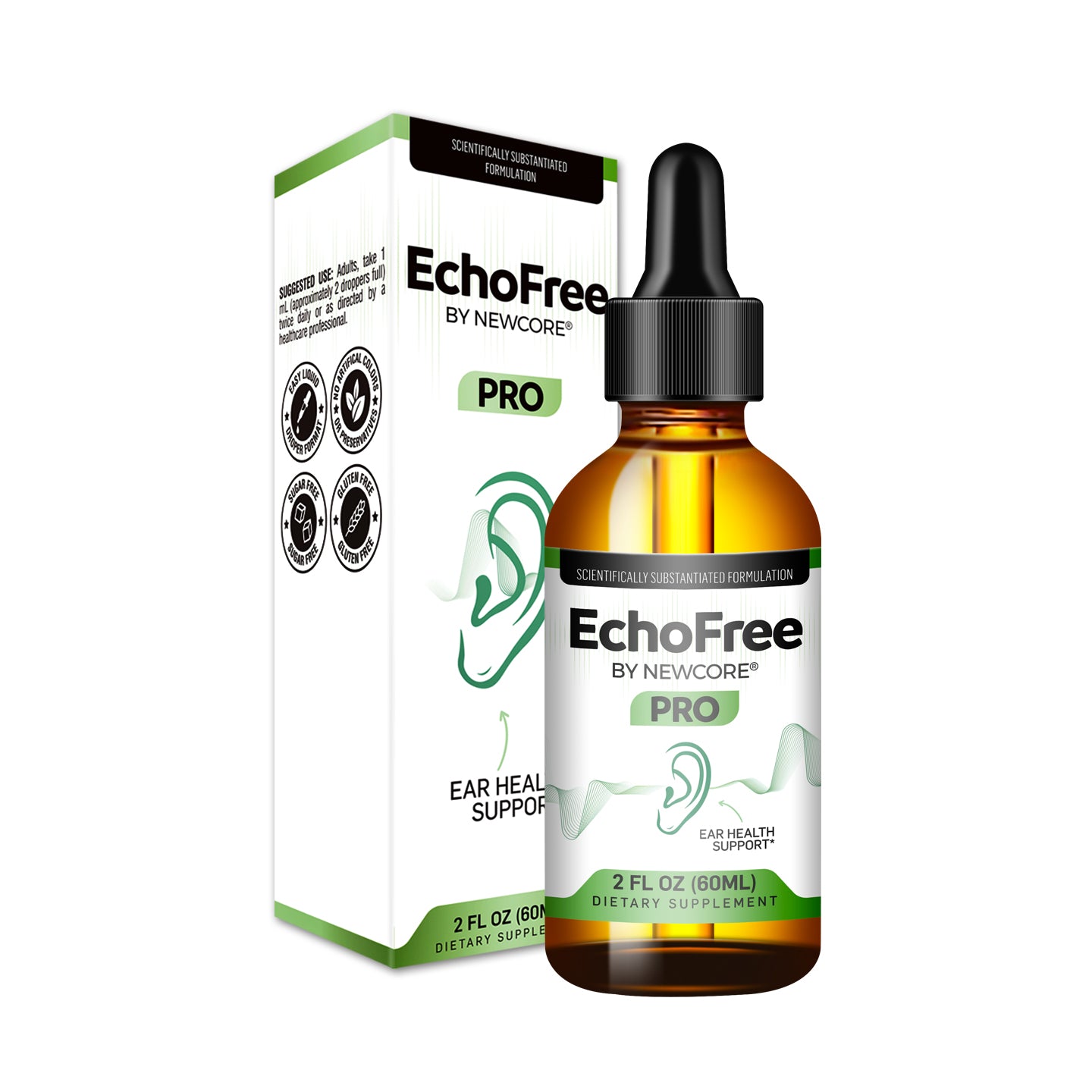 NEWCORE EchoFree PRO Ear Drops - Vegan Liquid Formula for Ear Wellness Tinnitus Relief Focus Clarity with Ginkgo Biloba GABA Chromium Picolinate 2oz Bottle Clear Daily