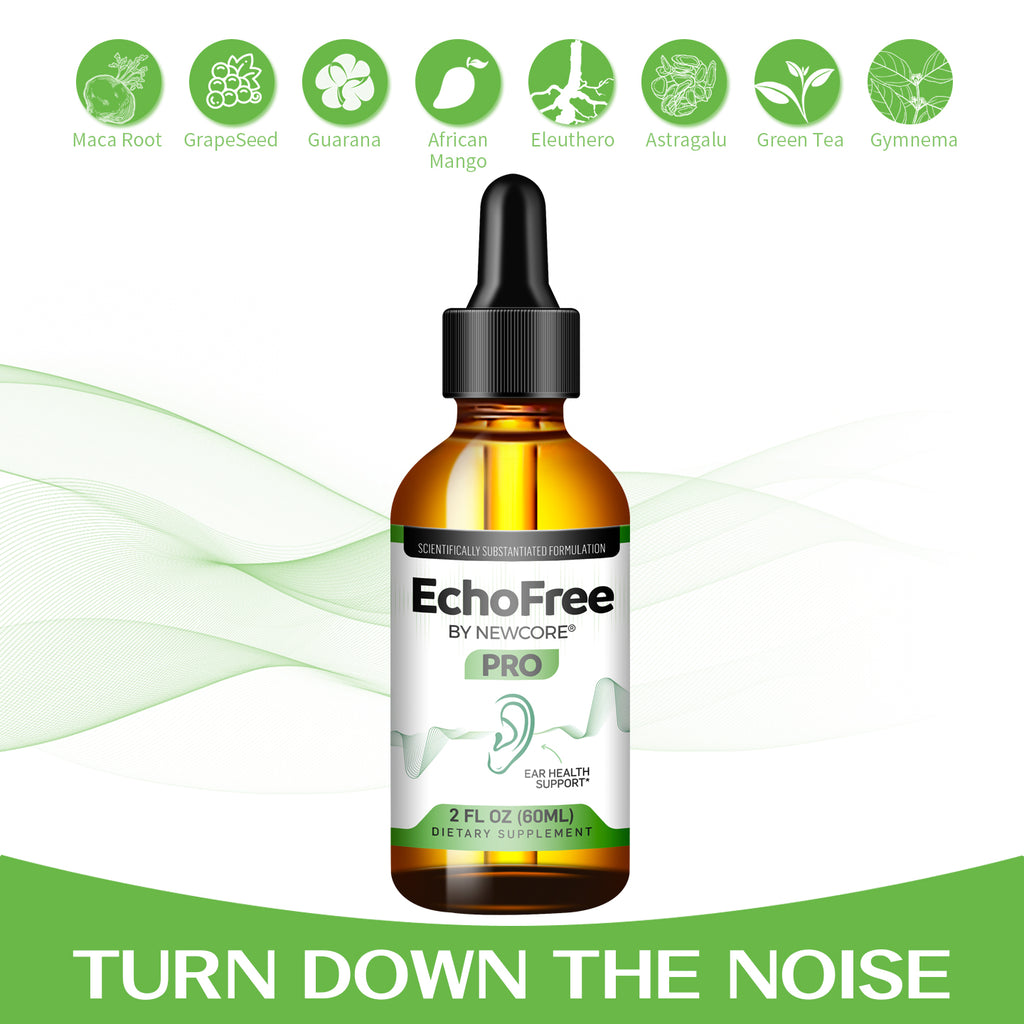 NEWCORE EchoFree PRO Ear Drops - Vegan Liquid Formula for Ear Wellness Tinnitus Relief Focus Clarity with Ginkgo Biloba GABA Chromium Picolinate 2oz Bottle Clear Daily