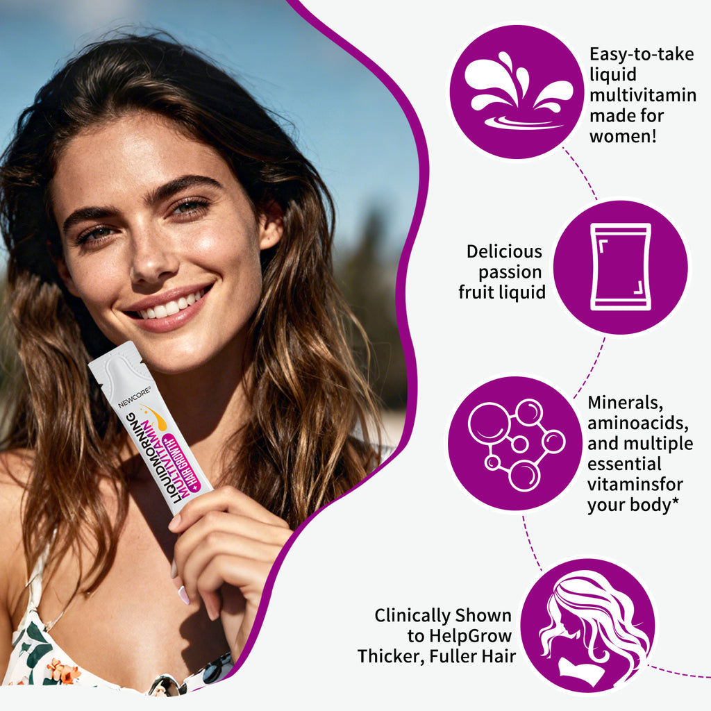 NEWCORE Hair & Skin Glow Liquid Vitamins for Women | Biotin + Plant Nutrients | Supports Thicker Hair, Radiant Skin & Energy | 30 Vegan Sachets