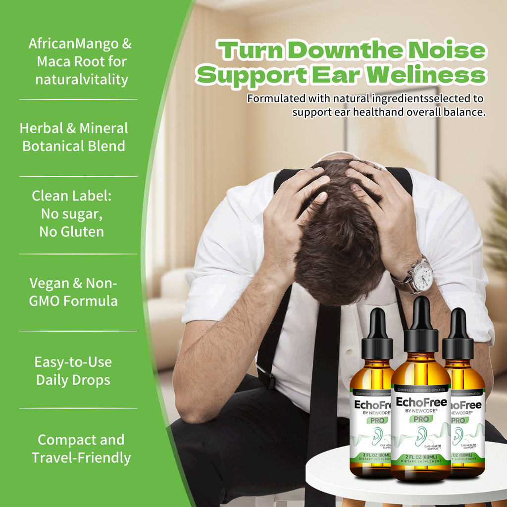 NEWCORE EchoFree PRO Ear Drops - Vegan Liquid Formula for Ear Wellness Tinnitus Relief Focus Clarity with Ginkgo Biloba GABA Chromium Picolinate 2oz Bottle Clear Daily