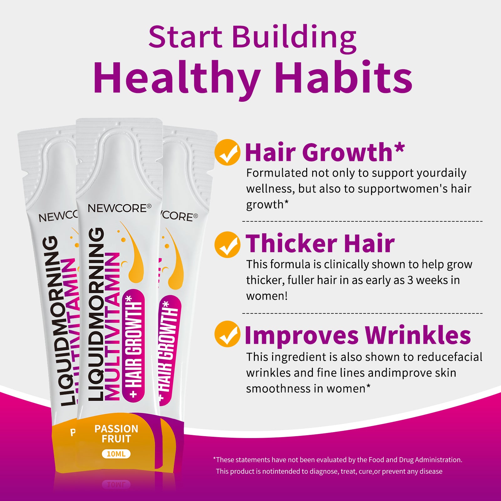 NEWCORE Hair & Skin Glow Liquid Vitamins for Women | Biotin + Plant Nutrients | Supports Thicker Hair, Radiant Skin & Energy | 30 Vegan Sachets