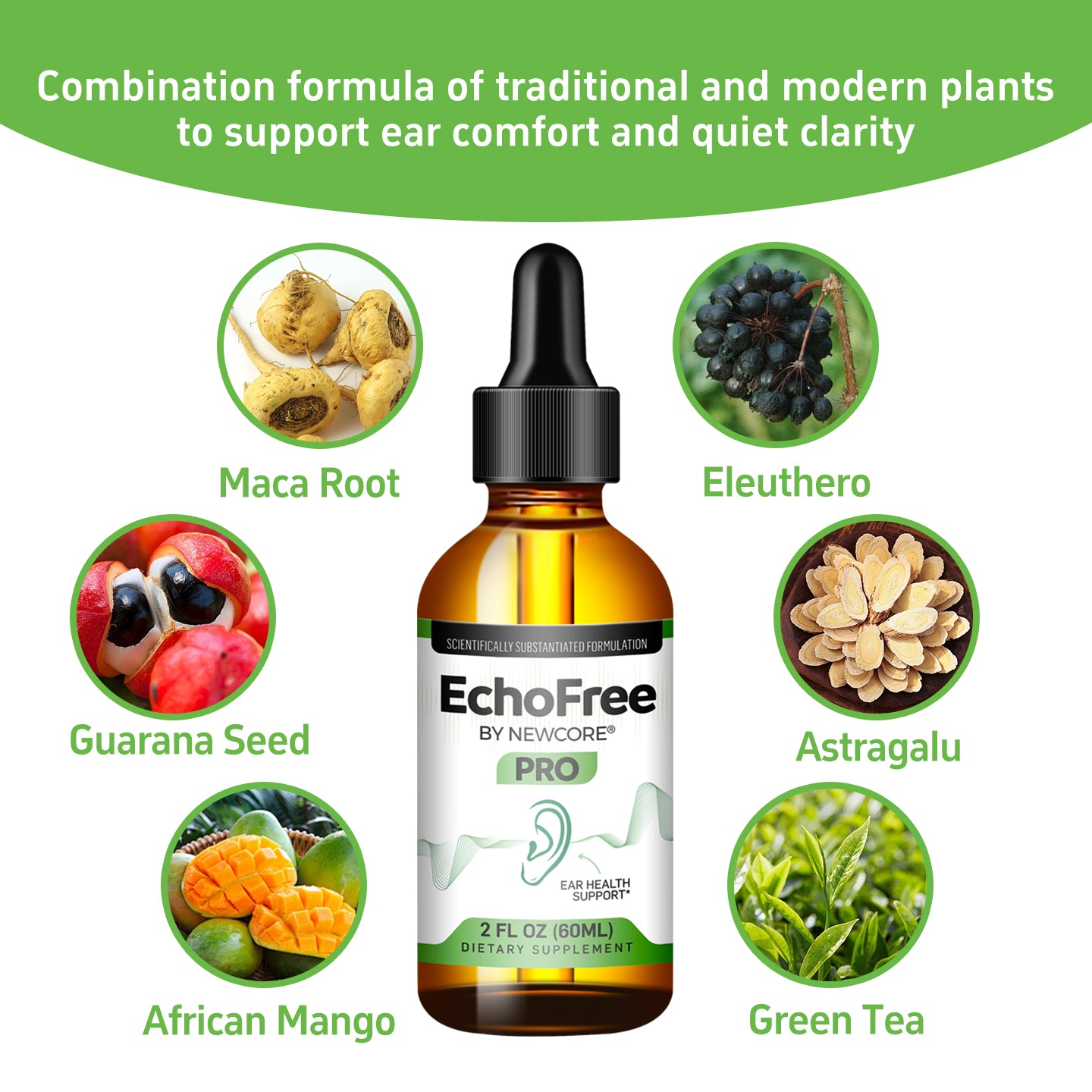 NEWCORE EchoFree PRO Ear Drops - Vegan Liquid Formula for Ear Wellness Tinnitus Relief Focus Clarity with Ginkgo Biloba GABA Chromium Picolinate 2oz Bottle Clear Daily