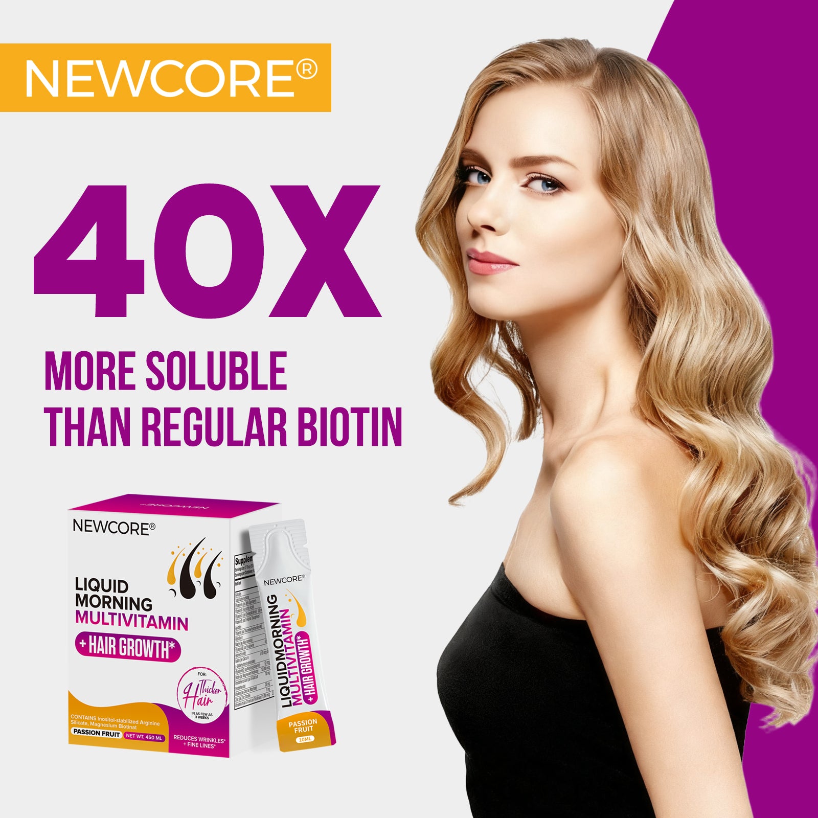 NEWCORE Hair & Skin Glow Liquid Vitamins for Women | Biotin + Plant Nutrients | Supports Thicker Hair, Radiant Skin & Energy | 30 Vegan Sachets