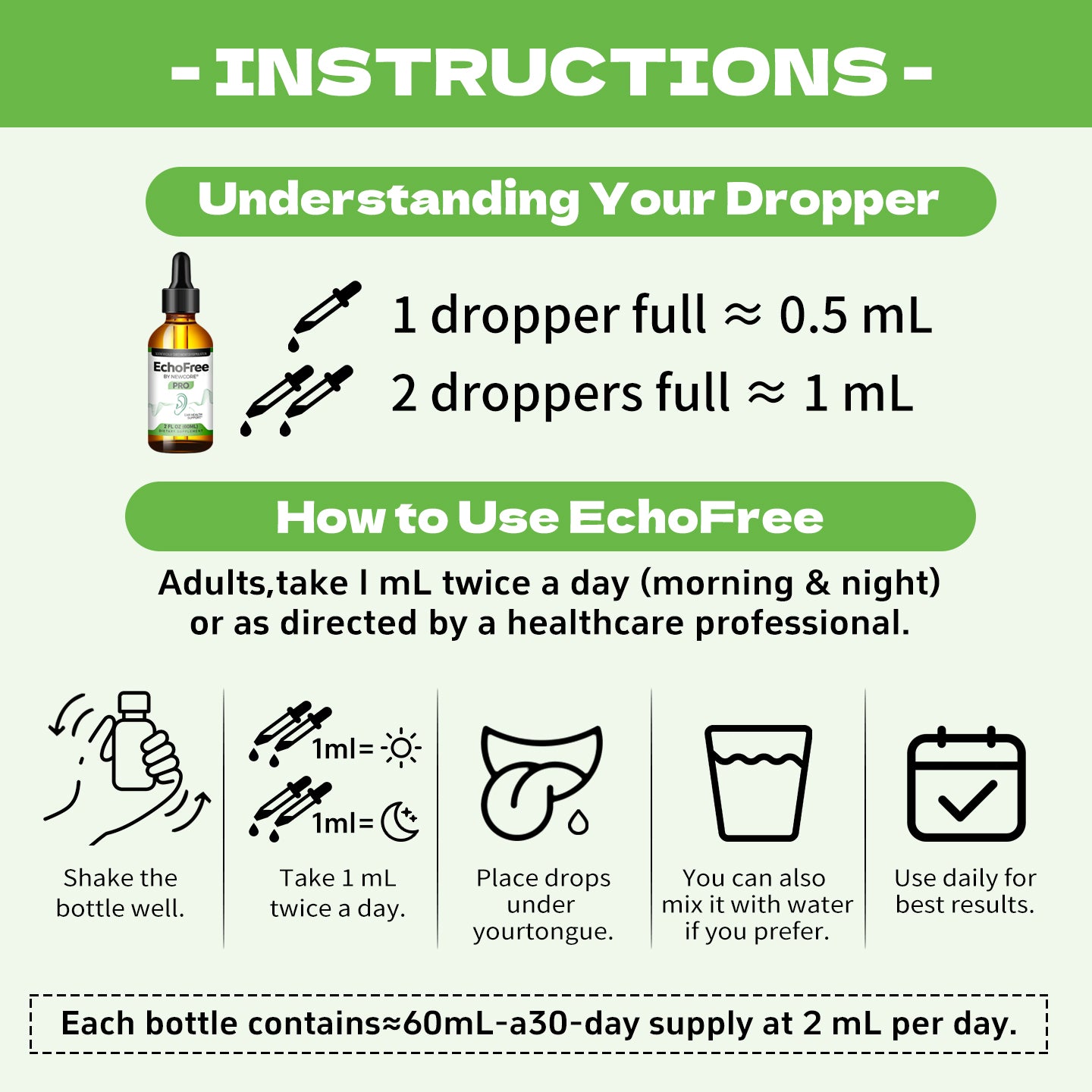 NEWCORE EchoFree PRO Ear Drops - Vegan Liquid Formula for Ear Wellness Tinnitus Relief Focus Clarity with Ginkgo Biloba GABA Chromium Picolinate 2oz Bottle Clear Daily