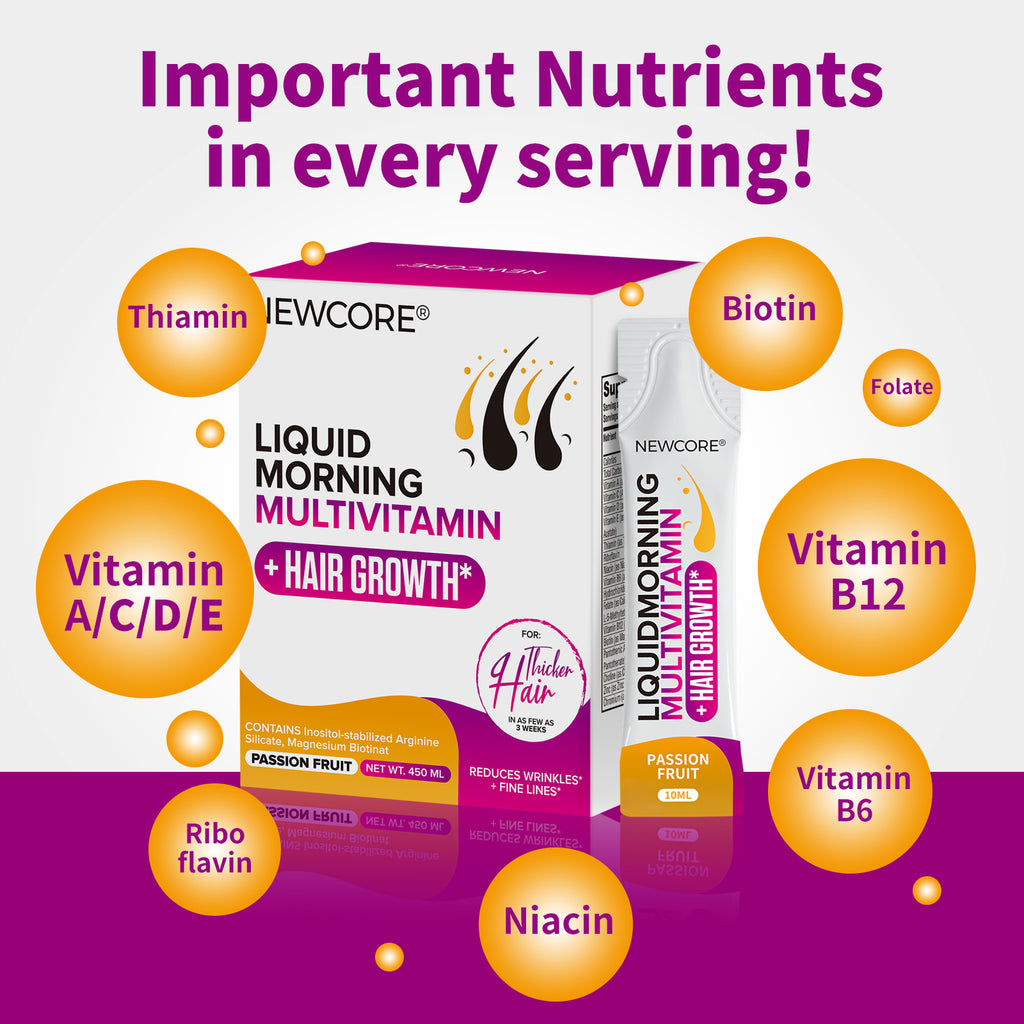 NEWCORE Hair & Skin Glow Liquid Vitamins for Women | Biotin + Plant Nutrients | Supports Thicker Hair, Radiant Skin & Energy | 30 Vegan Sachets